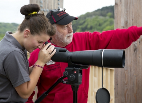 Dyfi Ospreys volunteer at the telescope with a visitor copyright Montgomeryshire Wildlife Trust