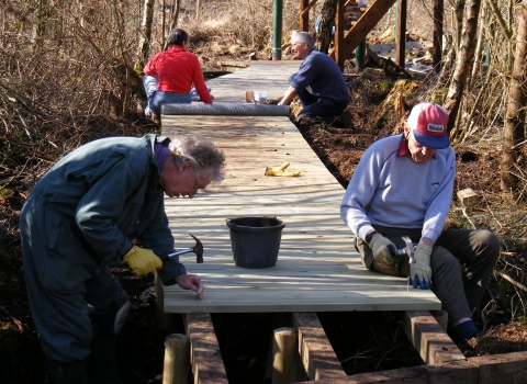 Volunteers building boardwalk copyright Montgomeryshire Wildlife Trust