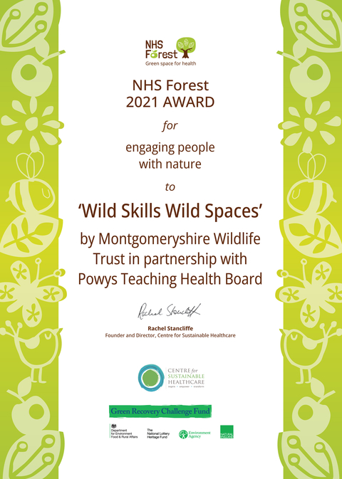 NHS Forest Award 2021 for Wild Skills Wild Spaces certificate