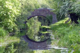 Summery scene of bridge over the Montgomery Canal with reflection in the water and blossom on trees