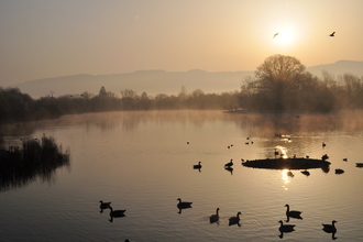 Photograph of lake on nature reserve at sunrise on a misty Autumn morning