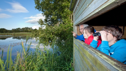 Family birdwatching from hide at Westhay SWT reserve, Somerset Levels, Somerset, England, UK - Guy Edwardes/2020VISION