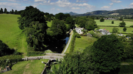 Aerial shot of the Montgomery Canal near Belan Locks in summer