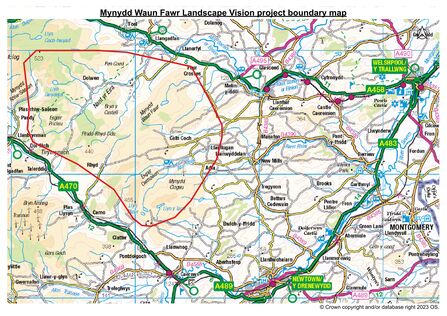 Mynydd Waun Fawr Landscape Vision project boundary shown in read outline overlaid on an Ordnance Survey map at 1:250,000 scale