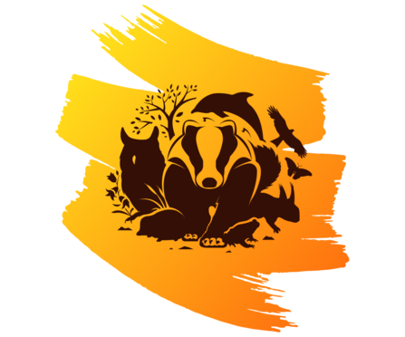 Orange logo featuring wildlife illustrations including badger, owl and dolphin