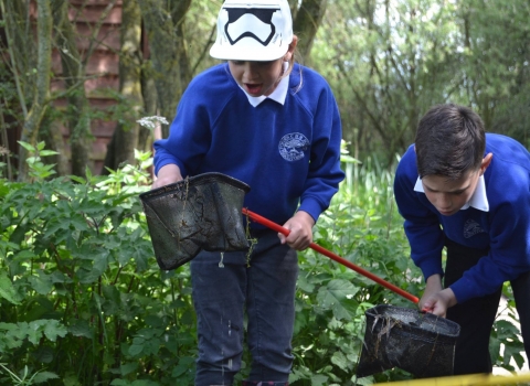 School children pond dipping