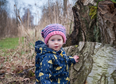 Poppy the toddler stands next to a tree stump