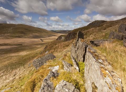 VIew from rocky outcrop into Pumlumon Fawr in the Cambrian Mountains