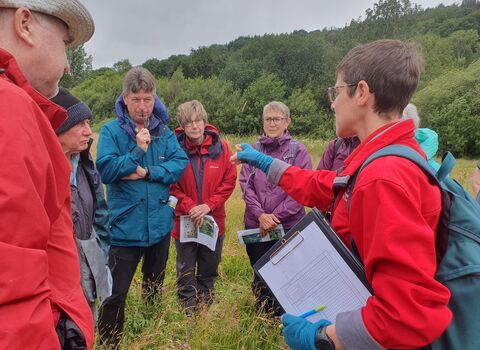 Volunteers carrying out rapid grassland assessment at Llandinam Gravels Nature Reserve; Photo: © MWT
